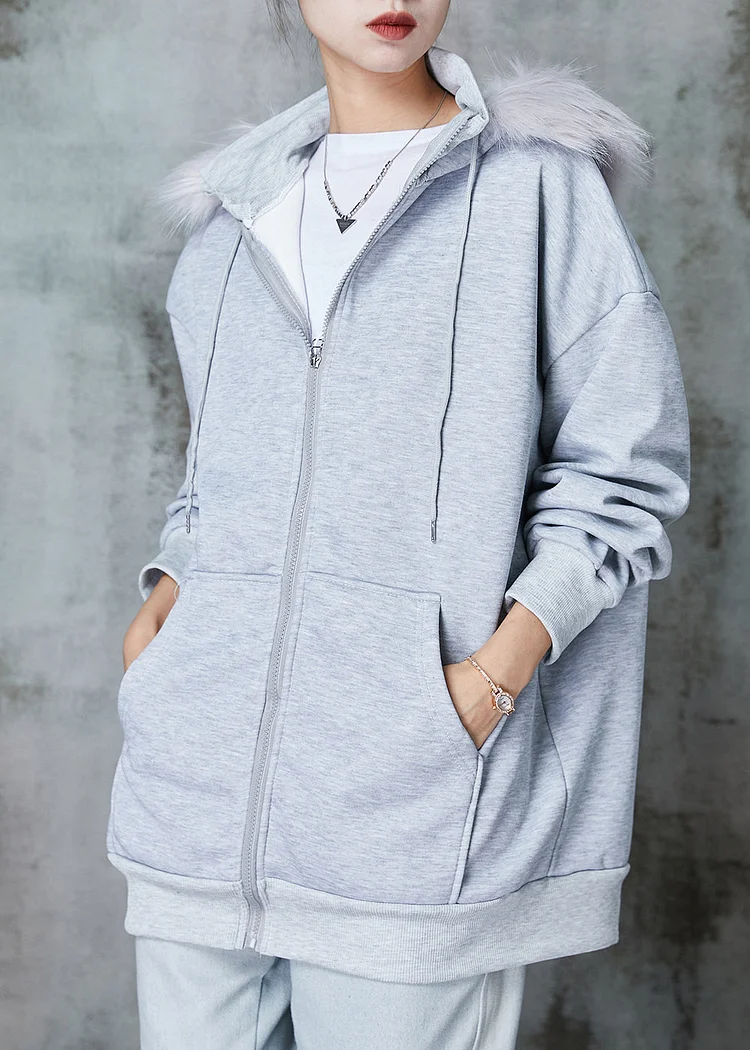 Women Grey Hooded Pockets Warm Fleece Sweatshirt Coats Spring