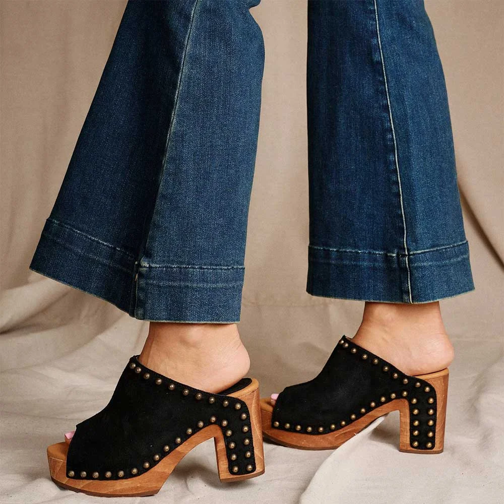 Black Peep Toe Block Heel Studded Clogs Platform Mules Sandals