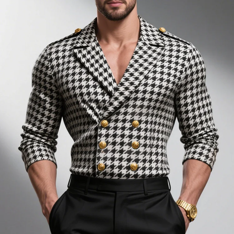 Okaywear Houndstooth Peak Lapel Long Sleeve Double Breasted Shirt Okaywear