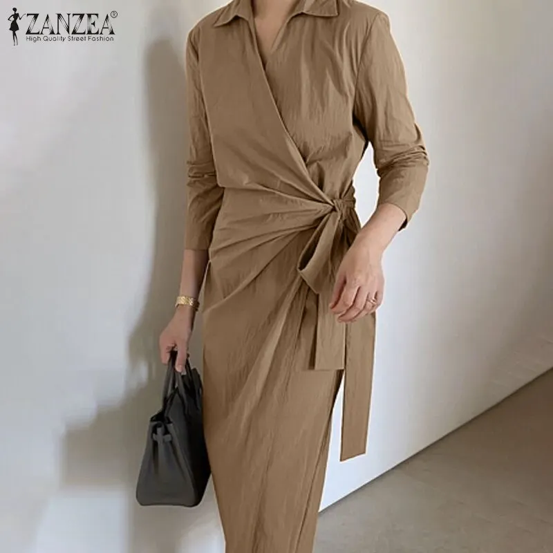 ZANZEA Elegant Women Lapel Neck 3/4 Sleeve Solid Mid-calf Dress Fashion Spring Lace Up Work Party Vestidos  OL Sundress