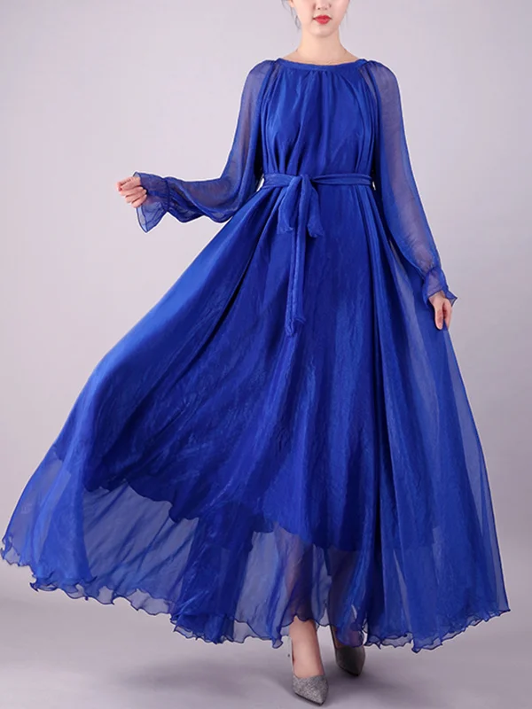 Long Sleeves Loose Falbala Gauze Pleated Solid Color Tied Waist Round-Neck Maxi Dresses