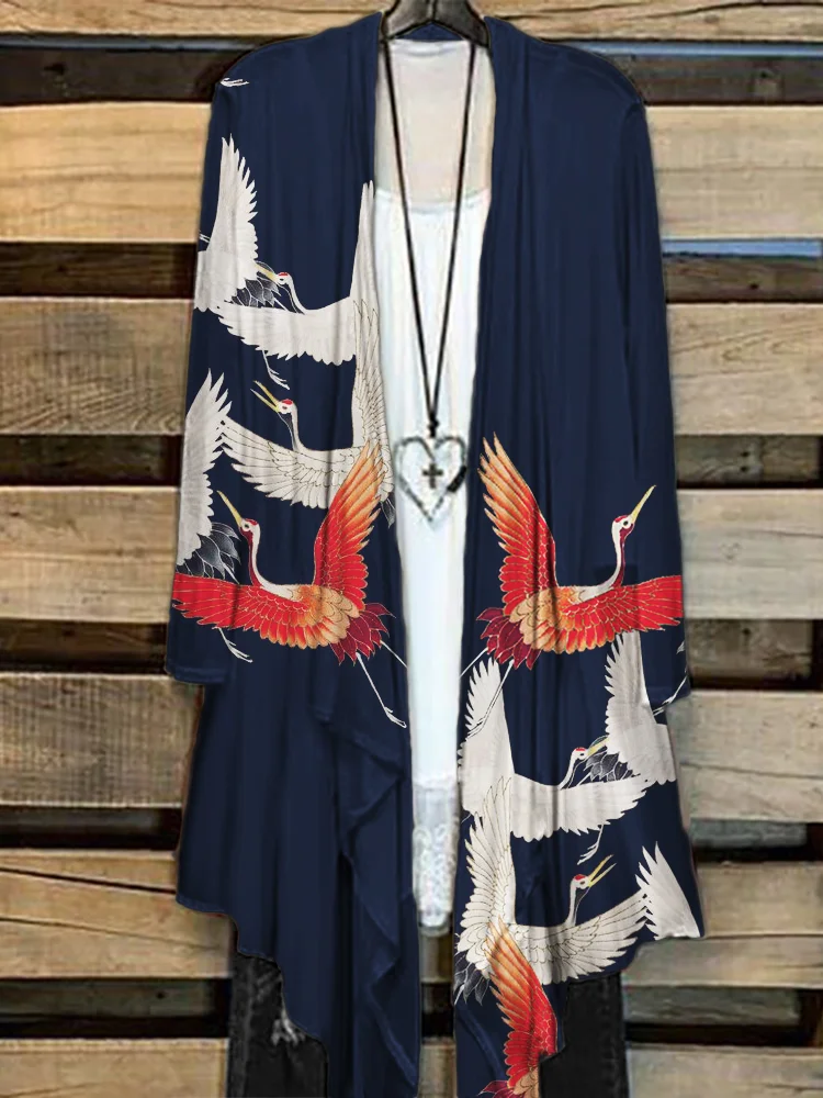 Cranes Classy Japanese Art Flowy Kimono Cardigan