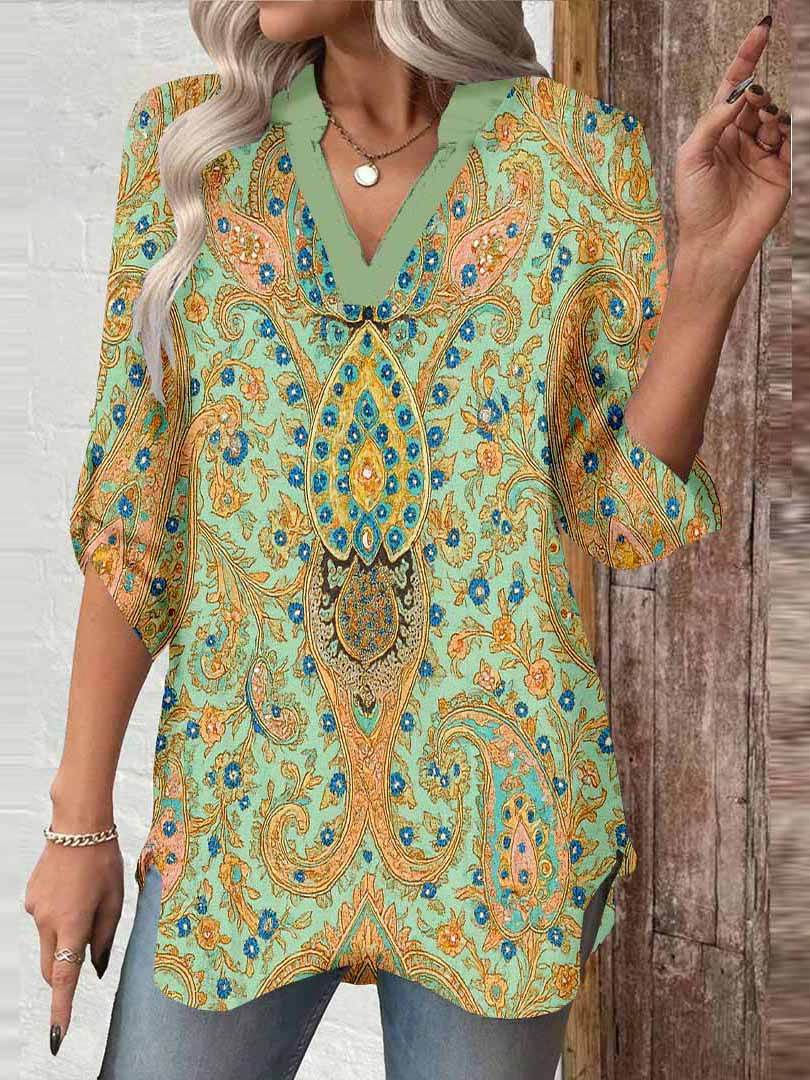 Women Retro, Green, Yellow DZGA0345 3/4 Sleeve V-neck Printed Graphic Button Tops