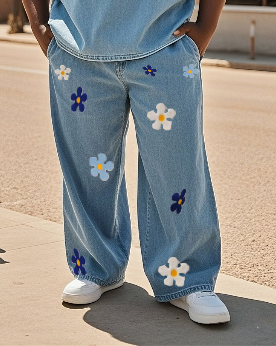 Plus Size Men's Daily Casual Colorful Flower Loose Jeans