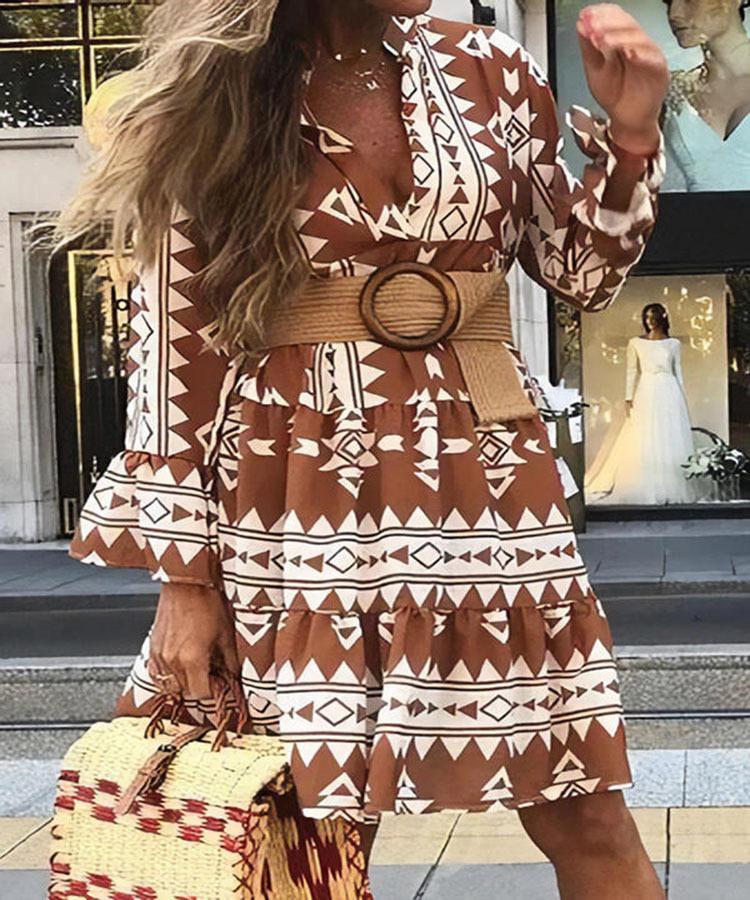 Women Half Sleeve V-neck Solid Color Dress