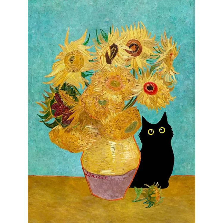 Full Round Diamond Painting - Van Gogh Sunflowers And Little Black Cat 30*40CM