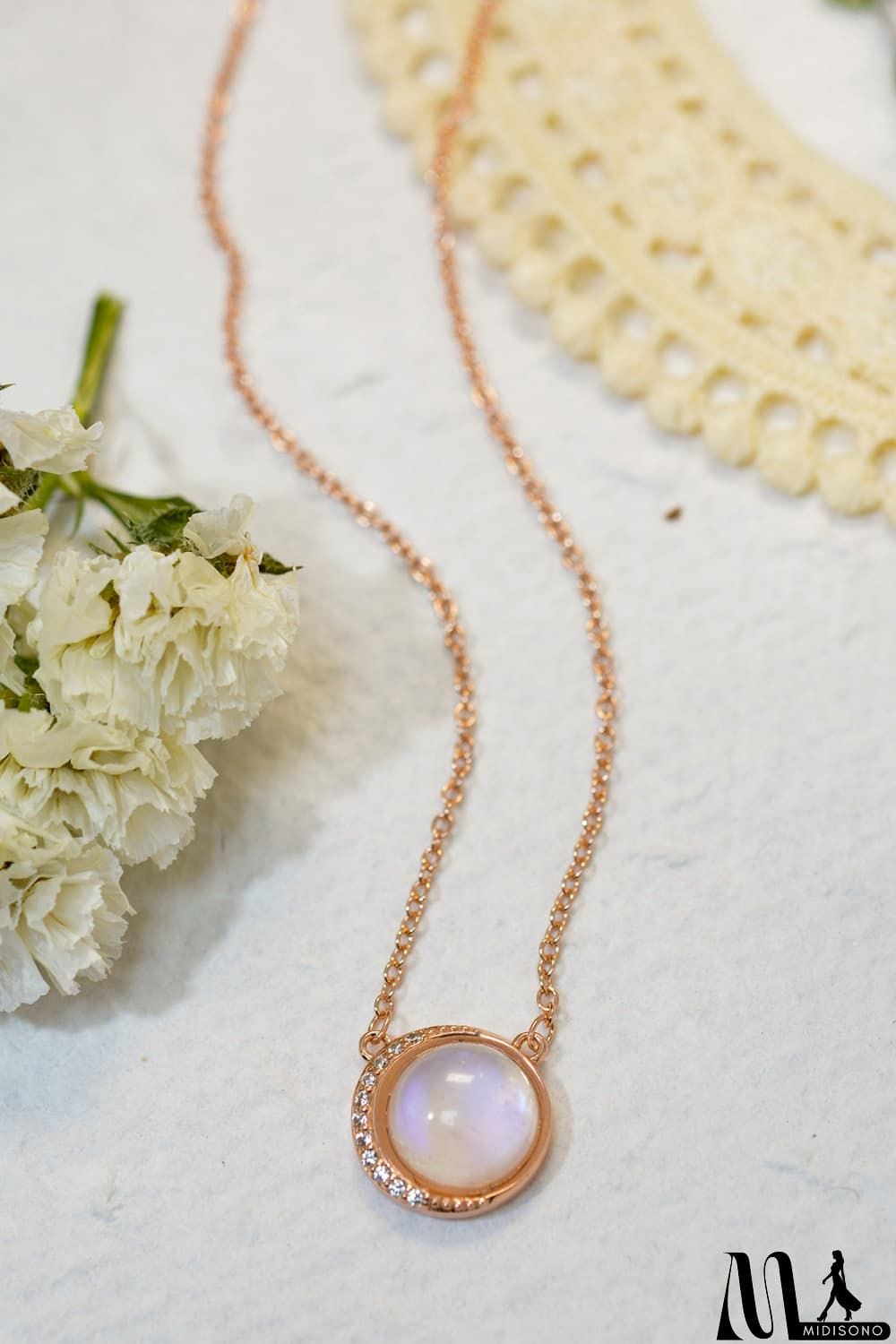 MidiSono - High Quality Natural Moonstone 18K Rose Gold-Plated 925 Sterling Silver Necklace