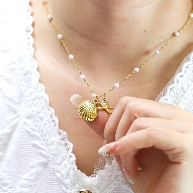 Basic Streetwear Starfish Shell Titanium Steel Artificial Pearls 18K Gold Plated Inlay Pendant Necklace