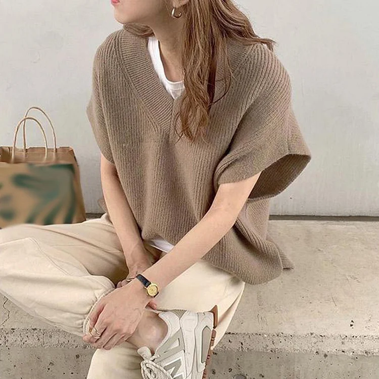 Loose Solid Color Knitted V-Neck Wasitcoat - yankia