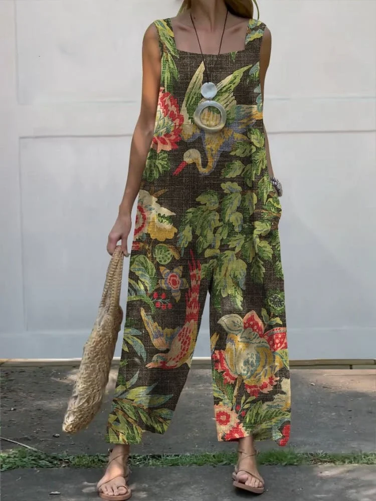Women's Vintage Lovely Floral Birds Art Print Casual 100% Cotton Wide Leg Jumpsuit