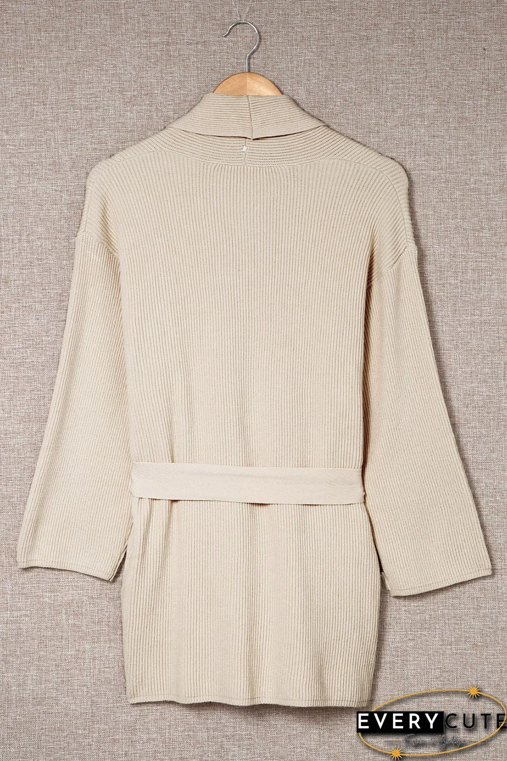Apricot Robe Style Rib Knit Pocketed Cardigan with Belt