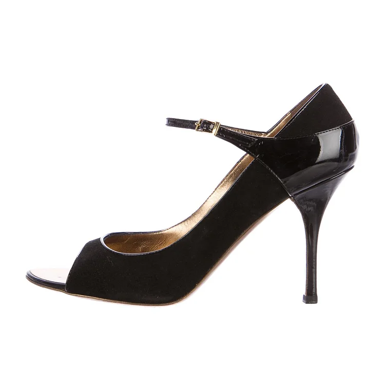 Black Suede Mary Jane Peep Toe Stiletto Heel Sandals Vdcoo