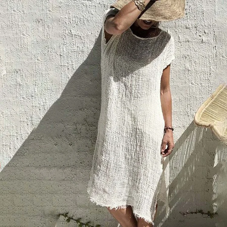 Solid Color Cotton Linen Casual Slit Dress