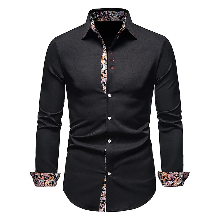BrosWear Men's Fashion Slim Floral Trim Long Sleeve Shirt