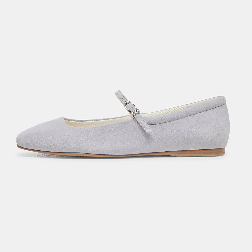 YDN Light Grey Vegan Suede Square Toe Simple Mary Jane Flats