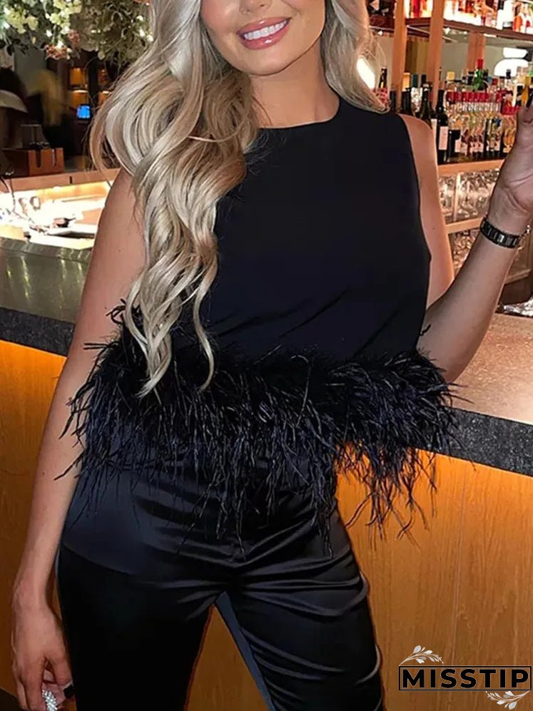 Women's Blouses Shirts Summer Elegant Tops and Blouses Women Solid Color Sleeveless Feather Hem Crop Tops Casual Shirts Female Streetwear 230520