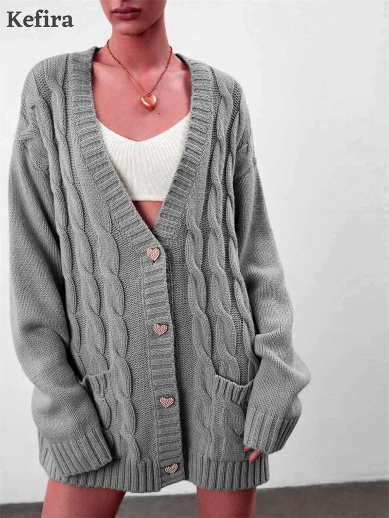 Kefira 2021 V Neck Cardigan For Women Knitted Long Sleeve Sweater Oversize Cardigan Autumn Winter Button Loose Casual Jumper
