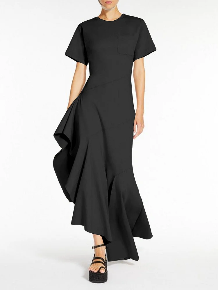 Elegant Plain Crew Neck Short Sleeve A Line Asymmetrical Dress