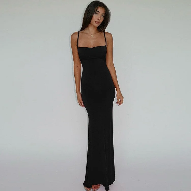 Solid Color Backless Spaghetti Strap Dress