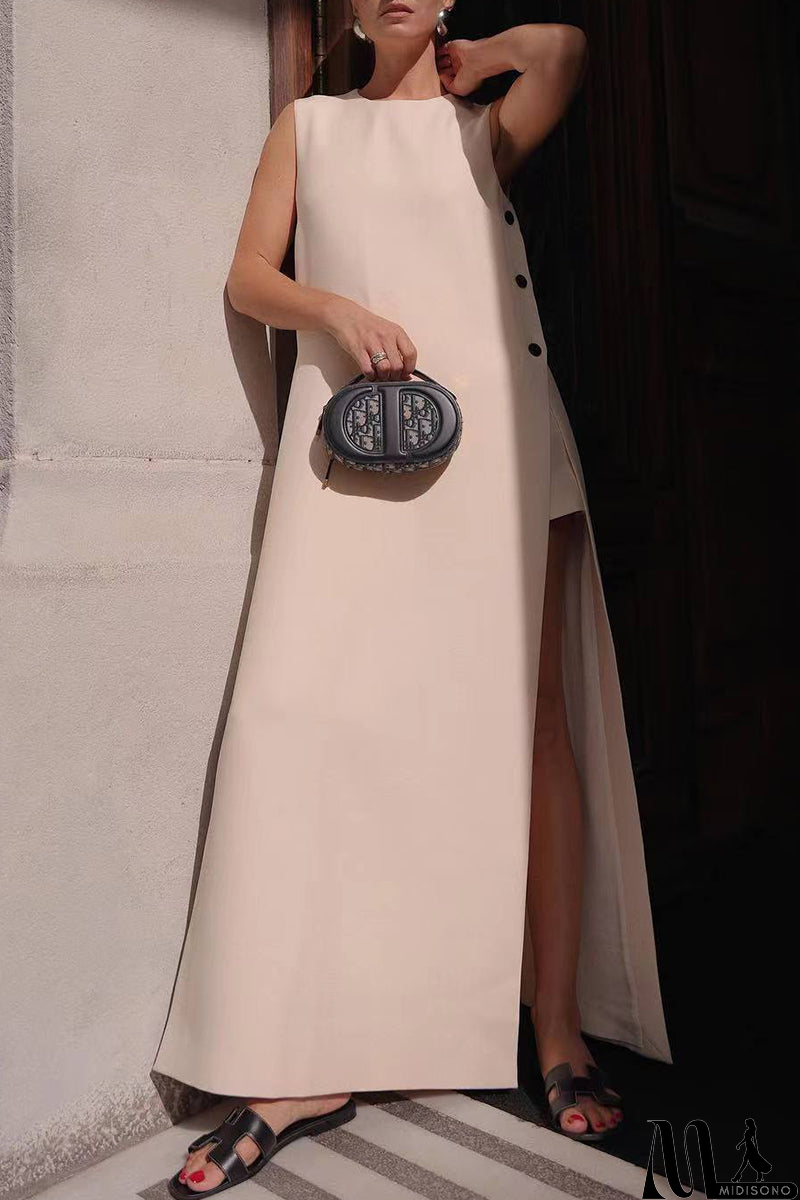 MidiSono - Casual Solid Buttons O Neck Sleeveless Dresses