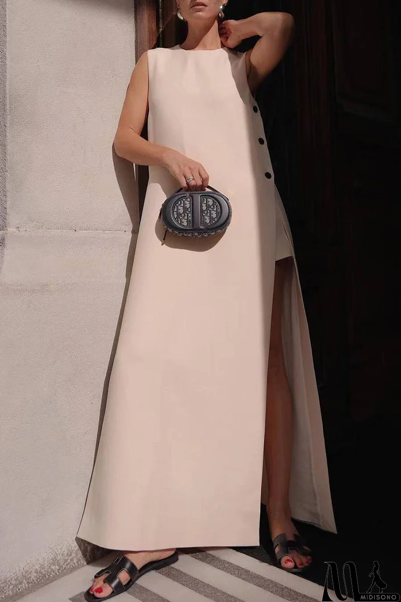 MidiSono - Casual Solid Buttons O Neck Sleeveless Dresses
