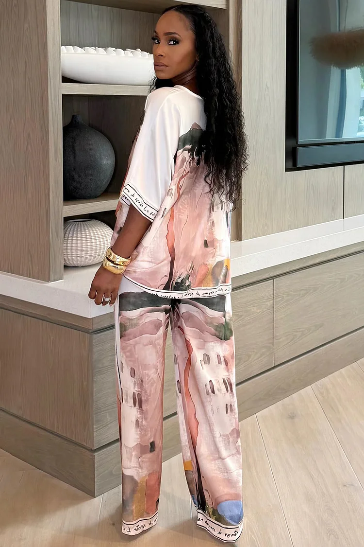 Watercolor Print Loose-Fit Top Wide Leg Pants 2pcs Set-Pink [Pre Order]