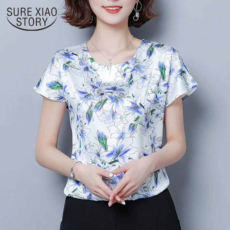 Elegant Women Floral Print Silk Casual Blouse 2022 Summer Korean Loose Short Sleeve Round Collar Casual Ladies Tops 9373 50