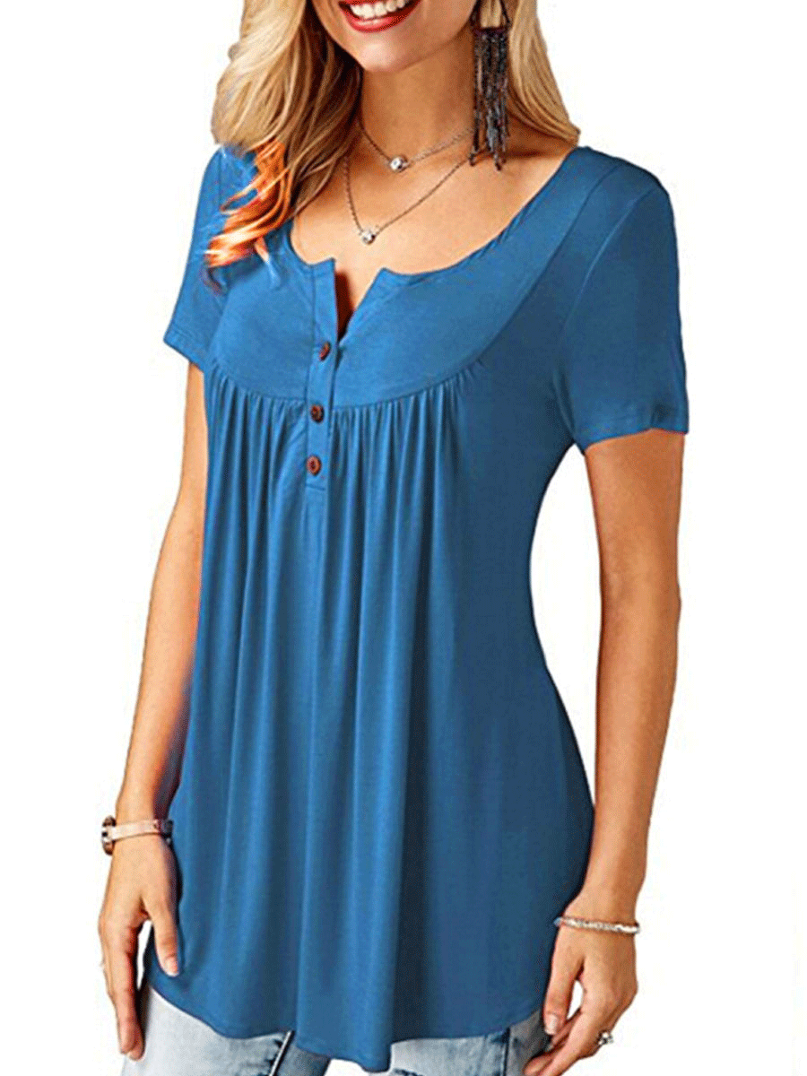 V-Neck  Asymmetric Hem Button Short Sleeve T-Shirts