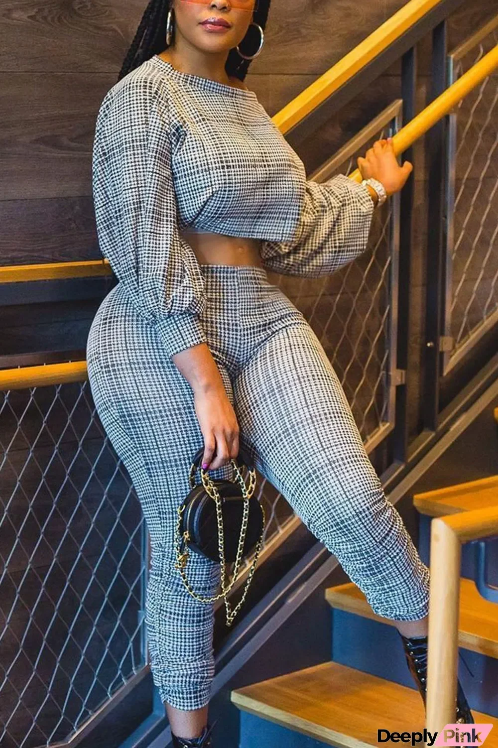 Grey Sexy Plaid Print O Neck Long Sleeve Two Pieces