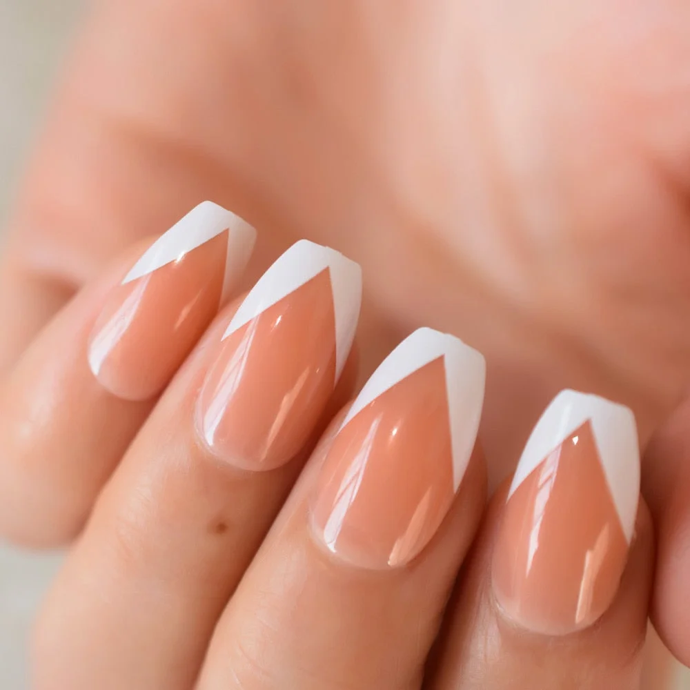 Iridescent White Instant French Nails Glitter Beveled Clear Short Square Fake Nail Art Tips Many Choice 24 Count 515-Nail Inspo