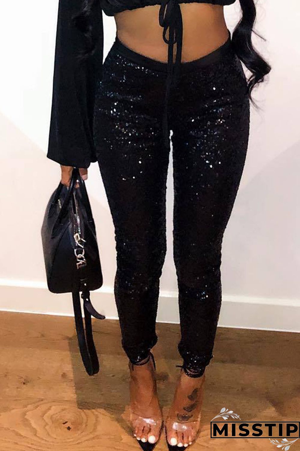 Red Fashion Party Solid Sequins Sequined Skinny Mid Bottoms