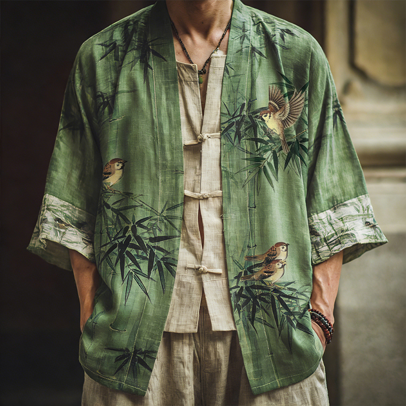 Men's Japanese Bamboo And Bird Art Pattern Linen Blend Kimono Cardigan  artssus