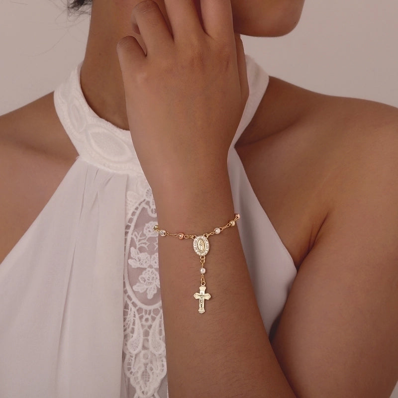 Vintage Style Religion Cross Virgin Mary Copper Zircon 18K Gold Plated Inlay Bracelets