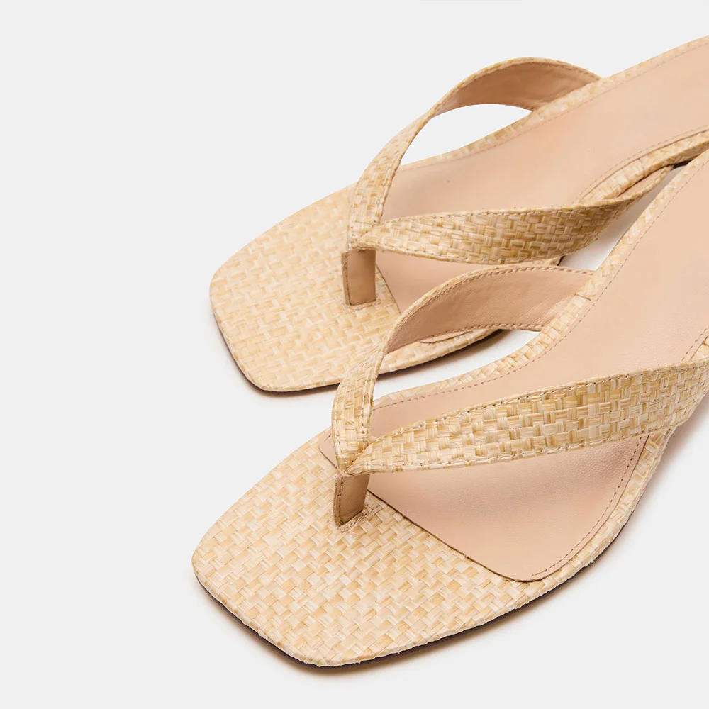 YDN Beige Raffia Kitten Heel Open Square Toe Slides for Women