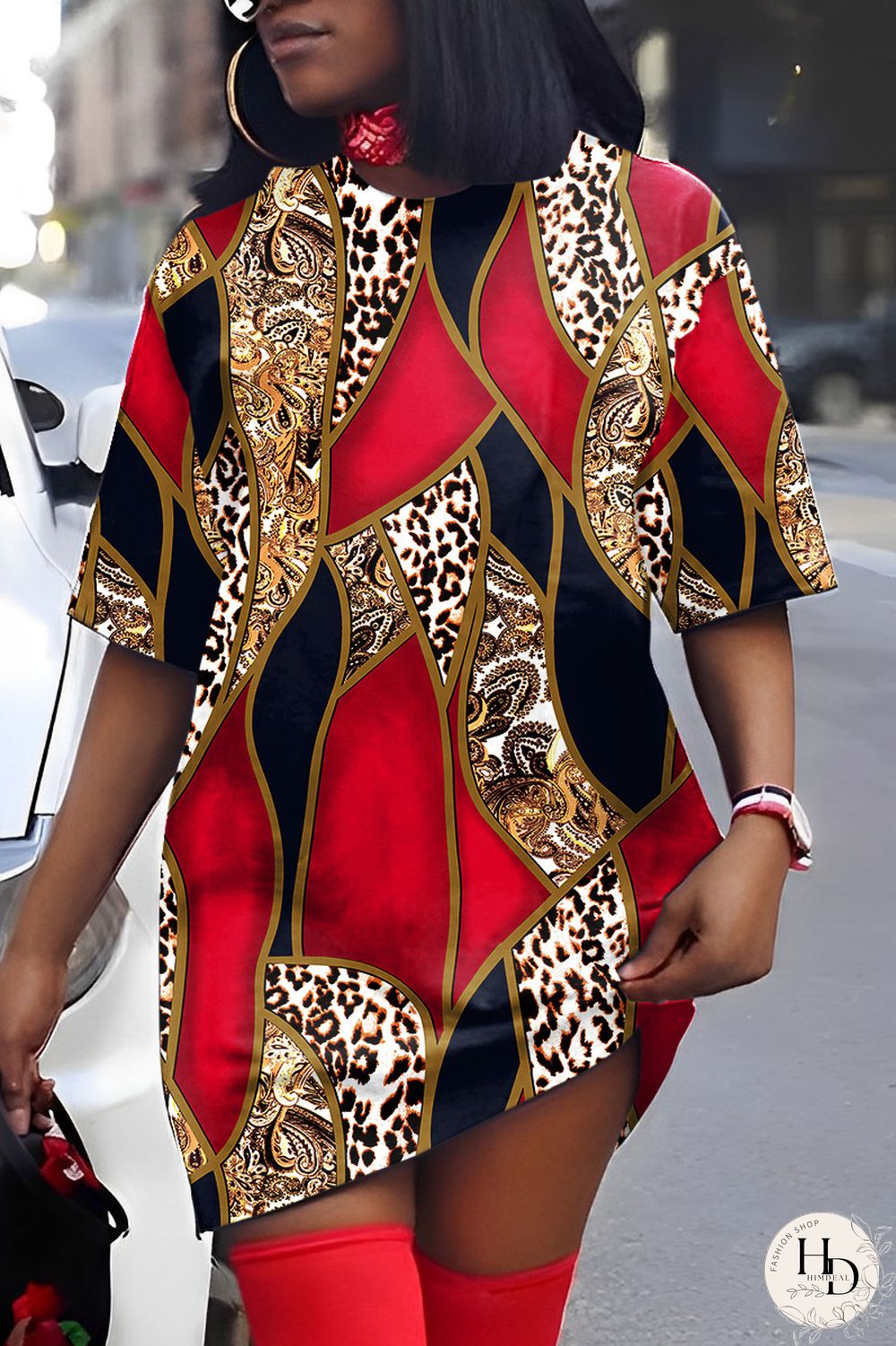 Rose Red Casual Print Patchwork V Neck Short Sleeve Dress