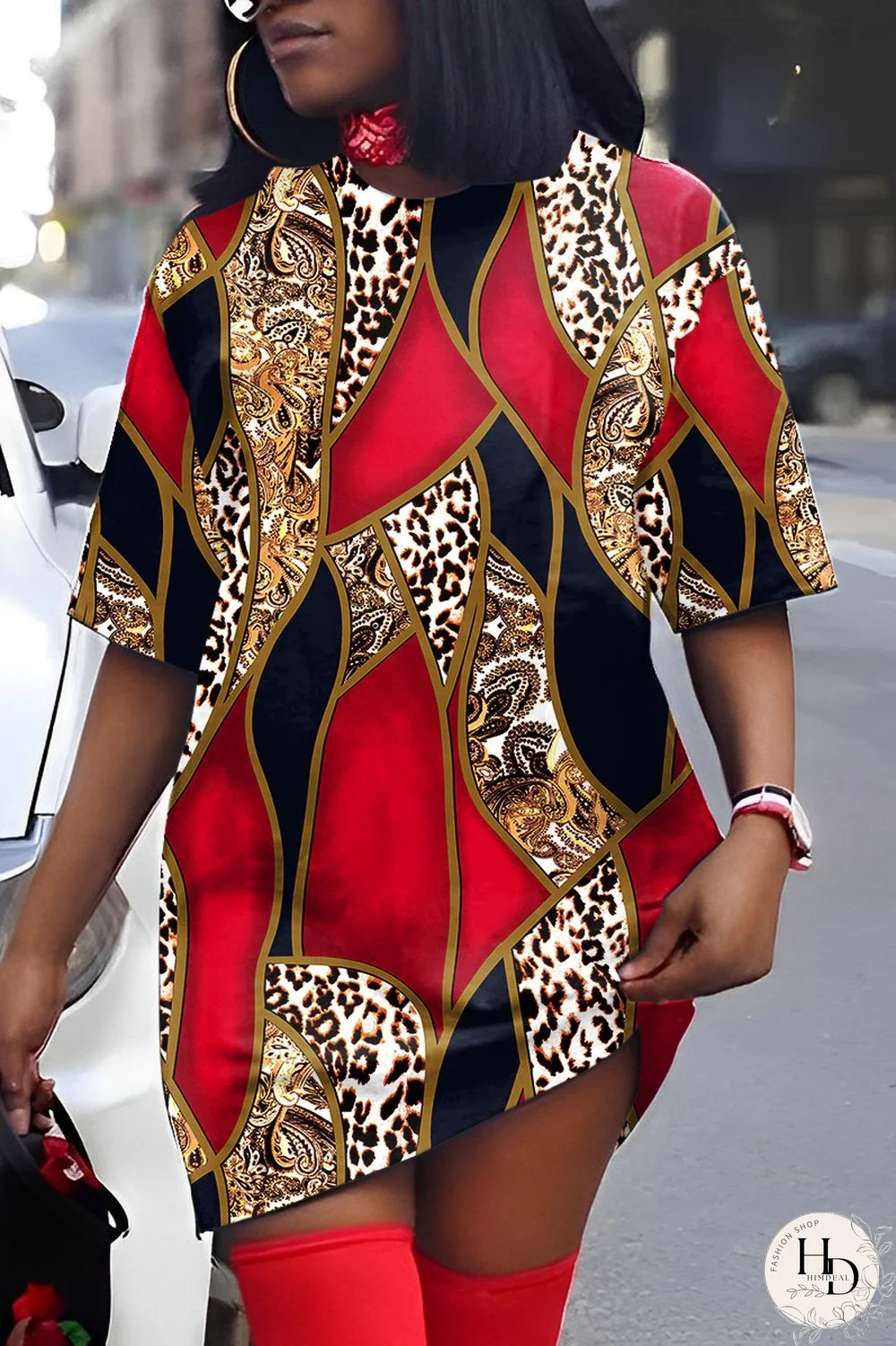 Rose Red Casual Print Patchwork V Neck Short Sleeve Dress