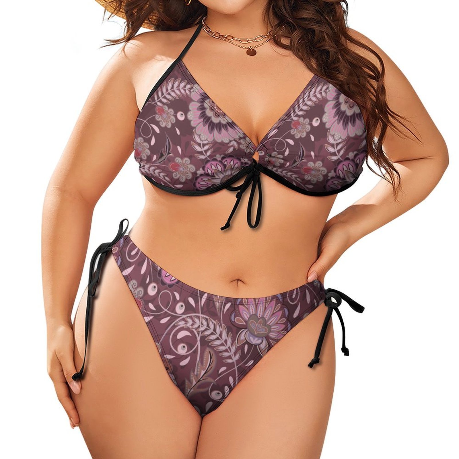 Women's Mandala Flowers Plus Size Triangle Bikini String Two Piece Halter Tie Side Swimsuit