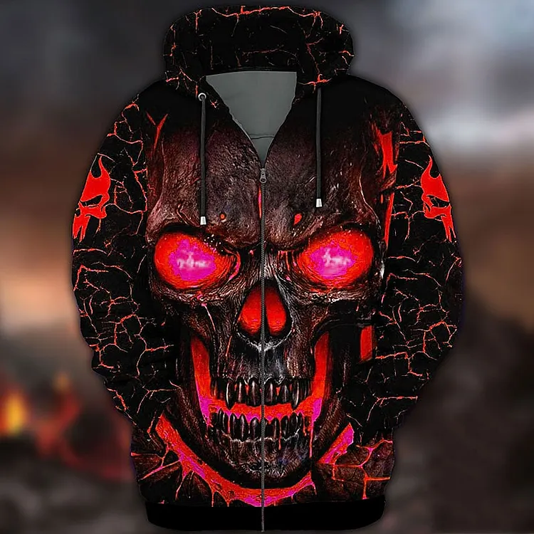 Men's Retro Halloween Skull Print Zip-up Hoodie