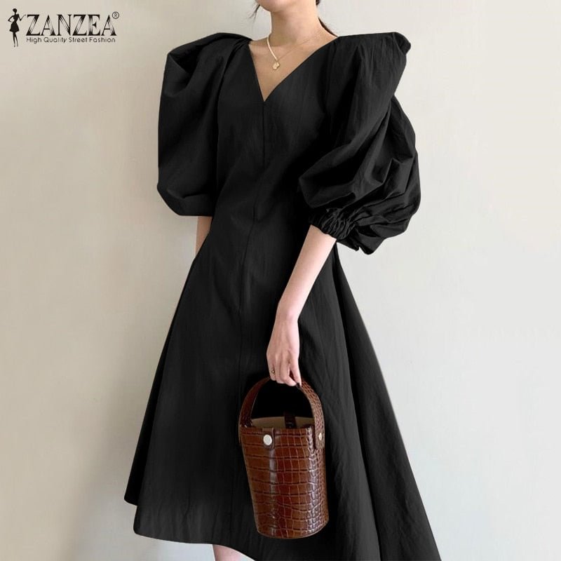 Stylish V neck Dress Women's Summer Sundress 2022 ZANZEA Casual Puff Sleeve Mid-calf Vestido Female Solid Holiday Robe