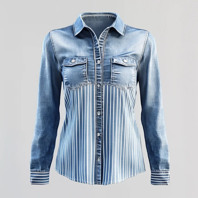 Ursime Denim Lapel Patchwork Striped Long Sleeve Blouse