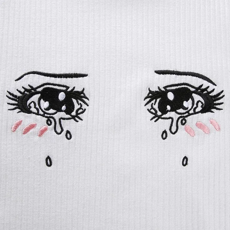 Cartoon Eyes Embroidery Ruffle Crop Top Fit T-Shirt