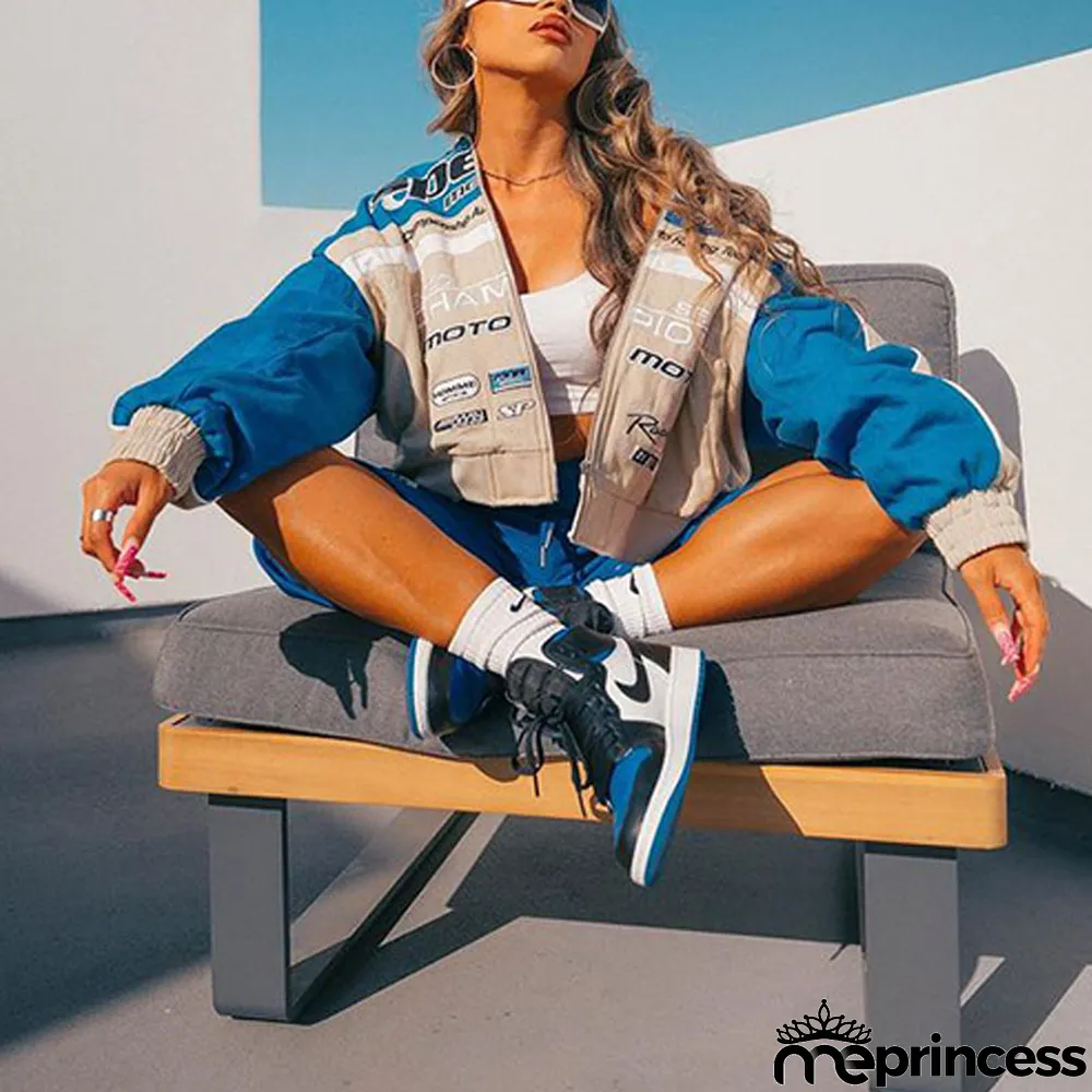 Women Casual Sport Print Oversized Long Sleeve Windbreaker jacket