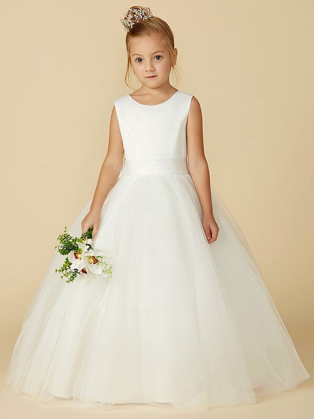Oknass Sleeveless Jewel Neck A-Line Floor Length Flower Girl Dress Satin Tulle With Bow Buttons