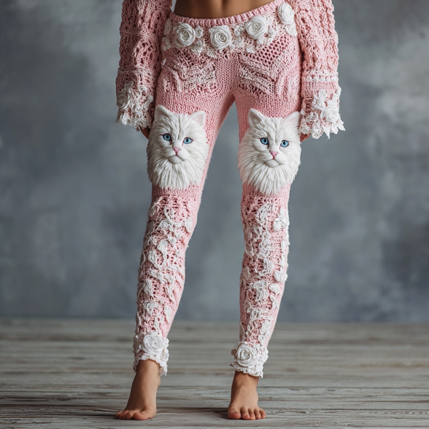 Women's Cute Cat Face Lace Embroidered Gradient Cozy Leggings