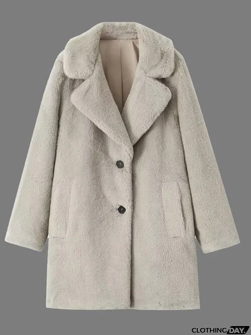 Faux Fur Button Up Lapel Neck Coat with Pocket