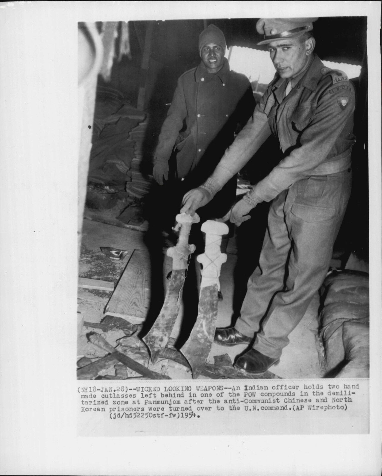 Indian Officer Holds Home Mad Cutlass in Panmunjom 1954 Korea War Press Photo Poster painting