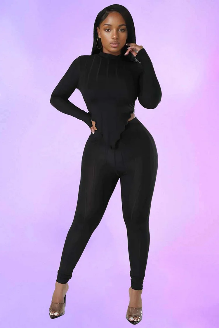 Mock Neck Long Sleeve Irregular Crop Top Legging Pants Matching Set [Pre Order]