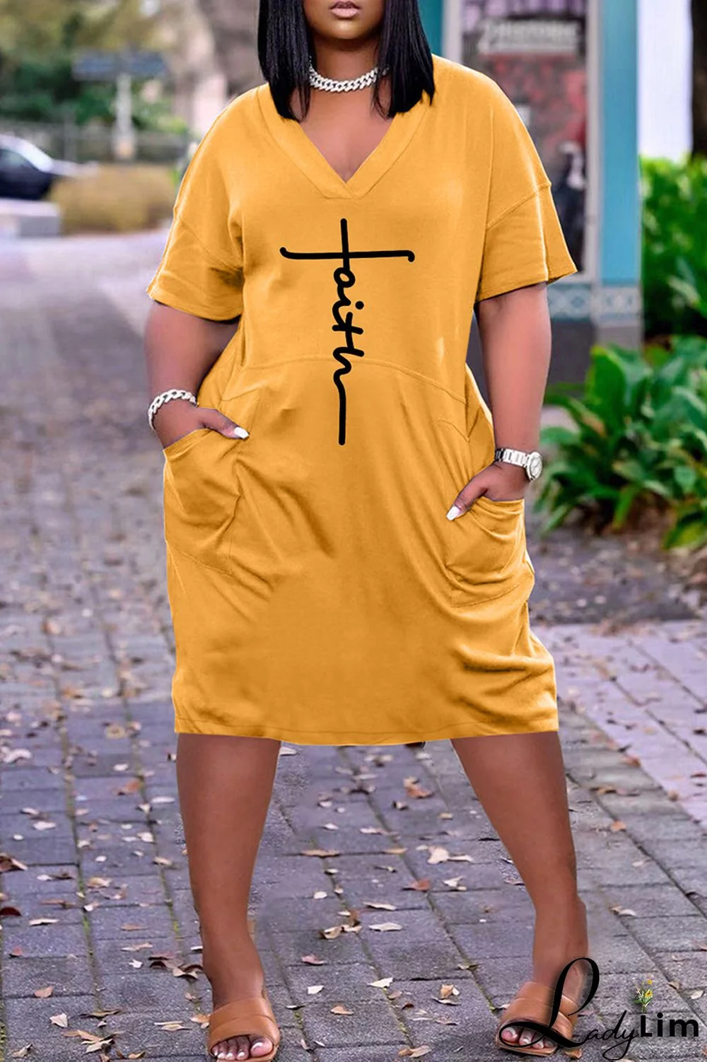 Red Fashion Casual Print Basic V Neck Short Sleeve Dress