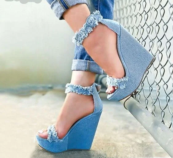 Custom Made Denim Open Toe Platform Heels Wedge Ankle Strap Sandals |FSJ Shoes