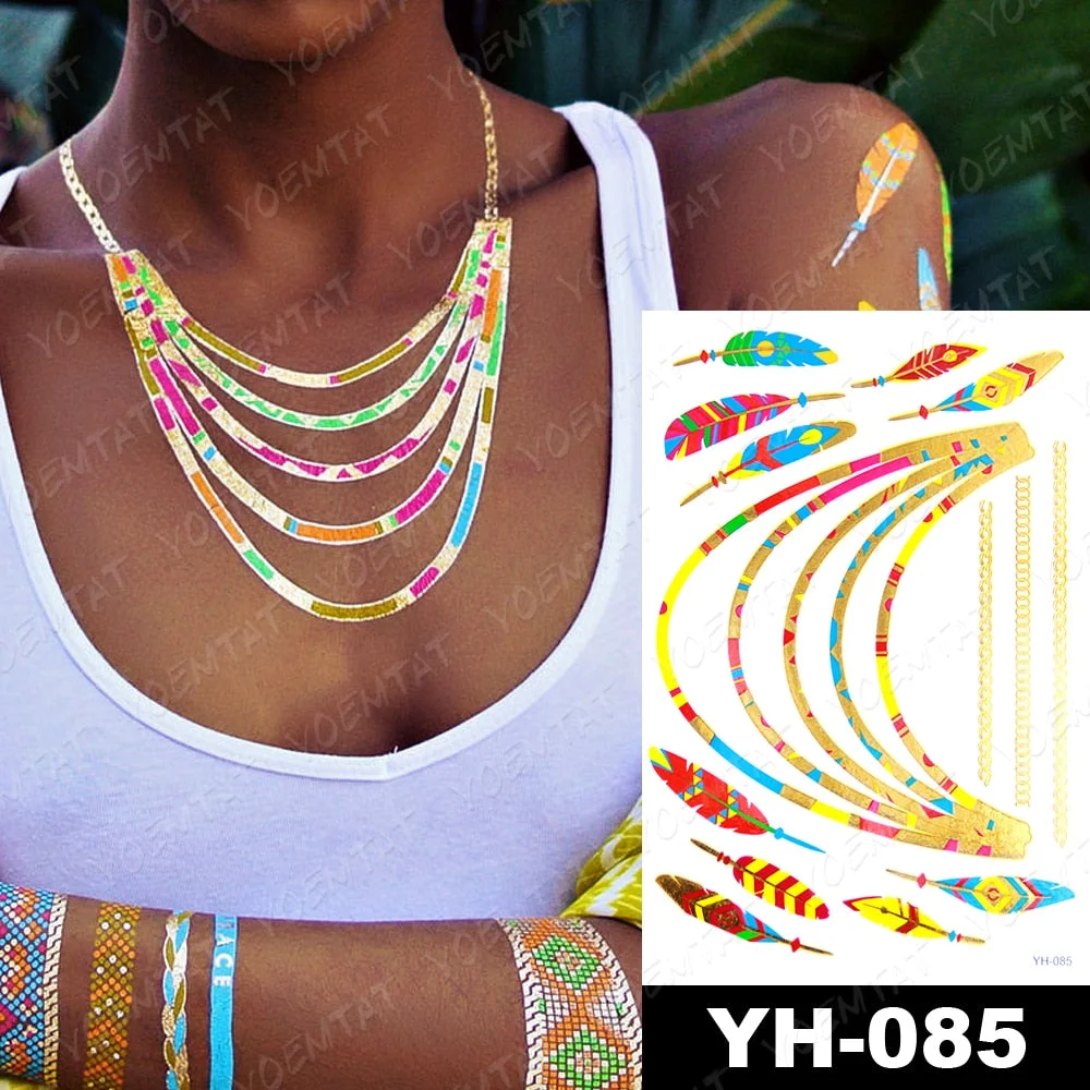 Waterproof Temporary Tattoo Sticker Gold Silver Henna Indian Hand Painted Glitter Tattoos Women Mandala Flower Feather Body Art